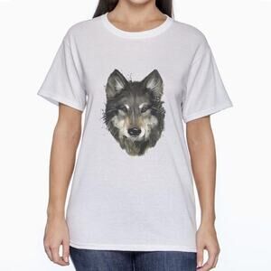 New Hand Printed Womens XL Grey Wolf Crew Neck Short Sleeve PolyCotton Tee Shirt